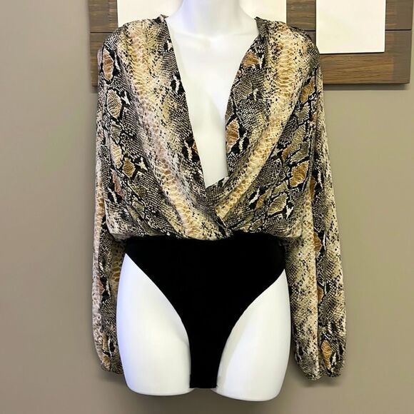 Windsor Silky and Soft Black Snakeskin Body Suit with Plunging Neckline- Small - Picture 1 of 6